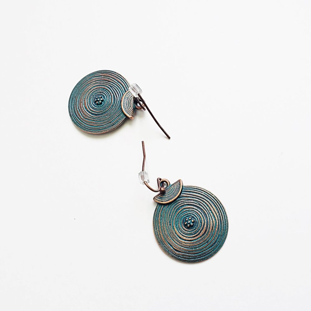 Bronzed-Blue Round Vintage Hook Earrings